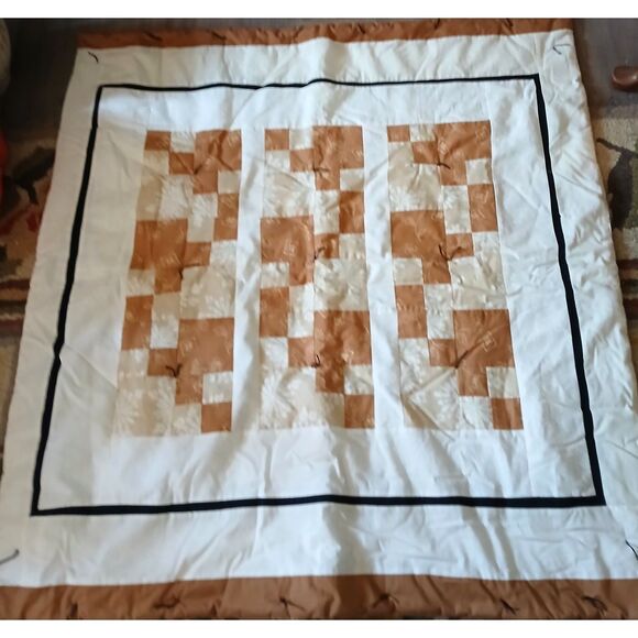 Handmade patchwork lap quilt hand tied tones cream tan brown black trim - Picture 1 of 4
